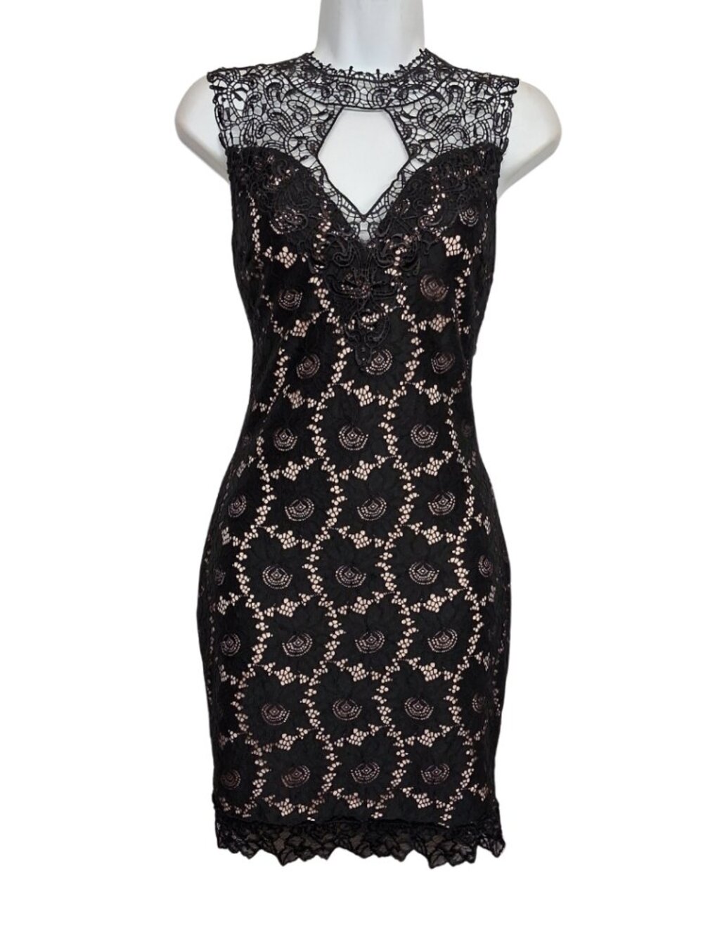 ALT. B Lace Dress Black Nude Sheath Floral Wave Print Keyhole Cocktail Mini M